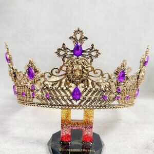 Vintage Lion King Crown, Purple Crystal Crown for Groom, Prom Crown, Gold Crown